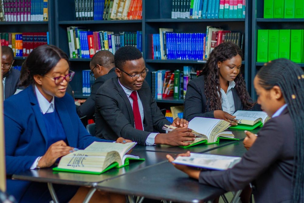 Students studying together at a library table